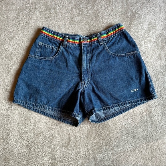 OP Pants - Vintage Ocean Pacific Denim Shorts Size 5 Rainbow Belt Retro OP Jean Shorts